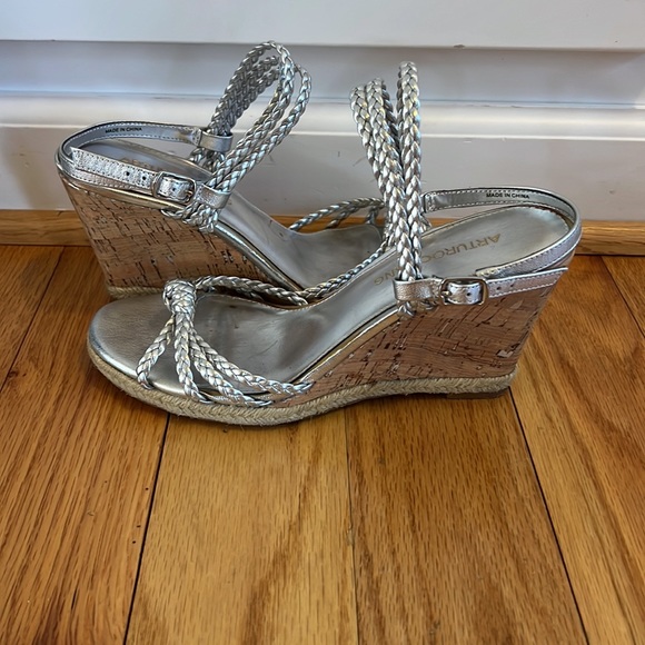 Arturo Chiang Shoes - Dressy Silver Braided Wedge Sandals- Size 7